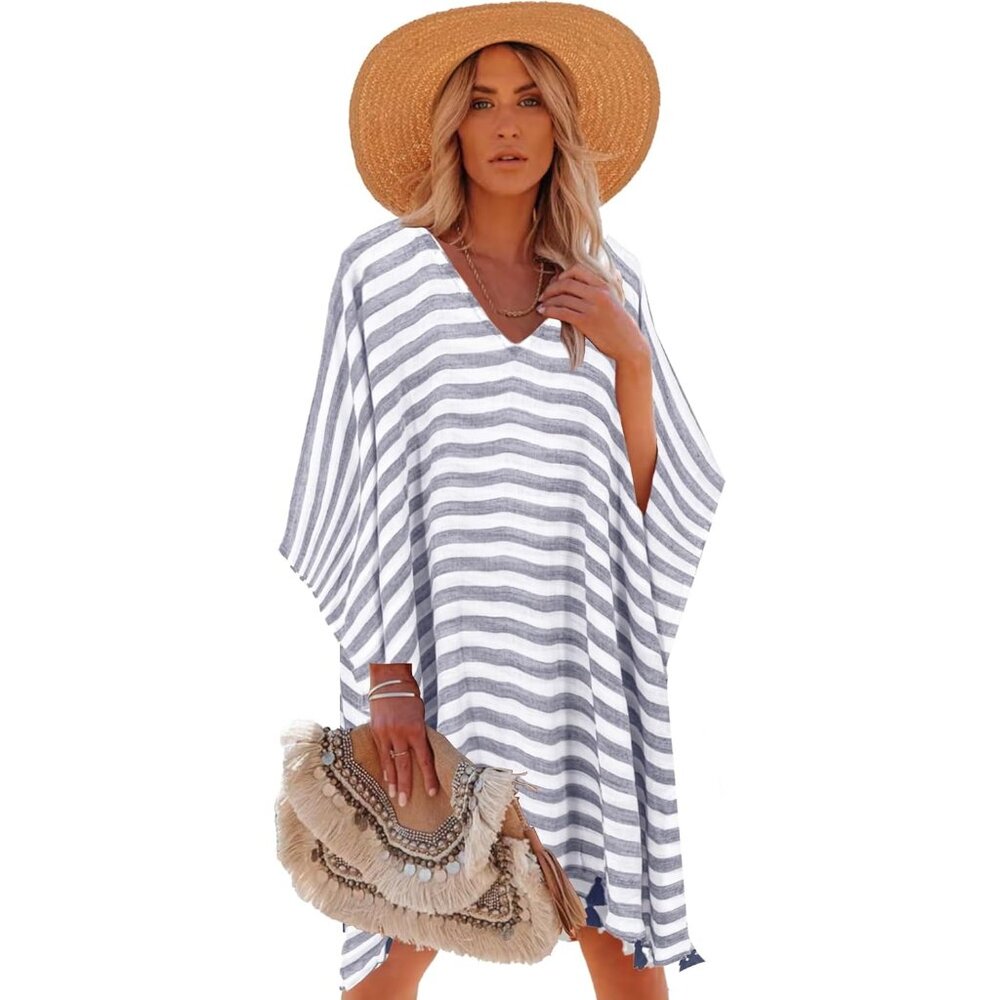 Women Navy & White 100% Viscose Kaftan for Bathing Swimsuit Floral Pattern Dress
